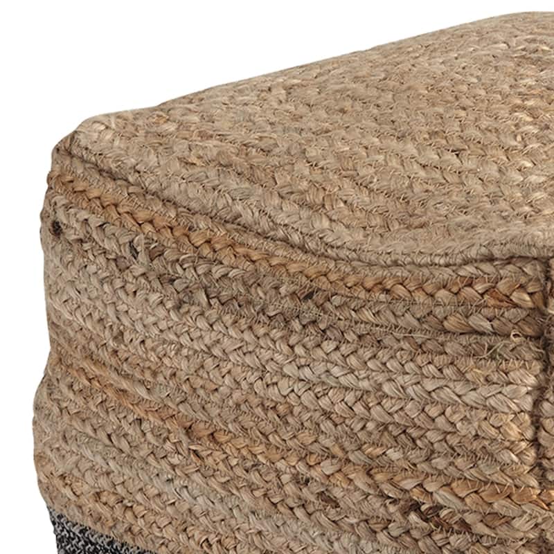 Cube Shape Jute Pouf with Braided Design, Black and Brown