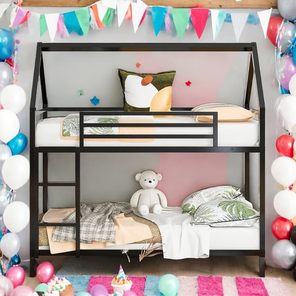slide 2 of 10, Timeless Design Twin over Twin House Bunk Bed with Built-in Ladder, Black Black