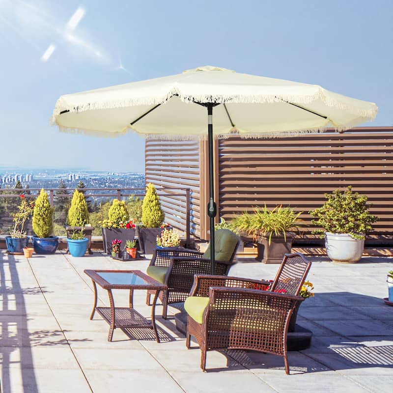 Patio Parasol Outdoor Market Table Umbrella with Button Tilt Crank Tassel and 8 Ribs, for Garden Deck Pool - White