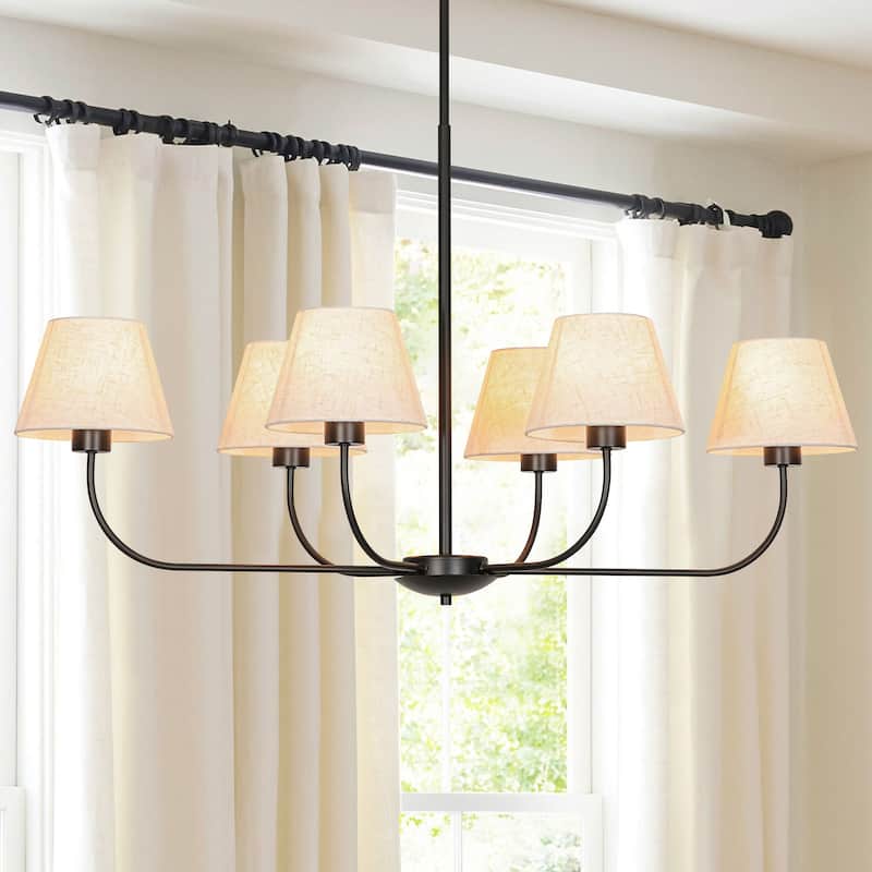 39.37 in. 6-Light Modern Farmhouse Sputnik Black Linear Chandelier with Linen Fabric Shades - 39.37 in. W x 19.29 in. D x 12.99 in. H - Matte Black
