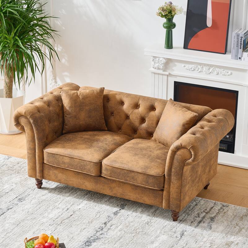 66"Chesterfield ‌Faux Leather Sofa,High-tech Fabric Roll Armrest Sofa,Upholstered Mid Century Modern Couch,2 Seater Couch