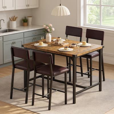 Dining Table Set, Counter Height Table with 4 Upholstered Bar Stools