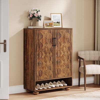6-Tier Shoe Cabinet with Doors, Adjustable Shoe Rack with Solid Wood Feet