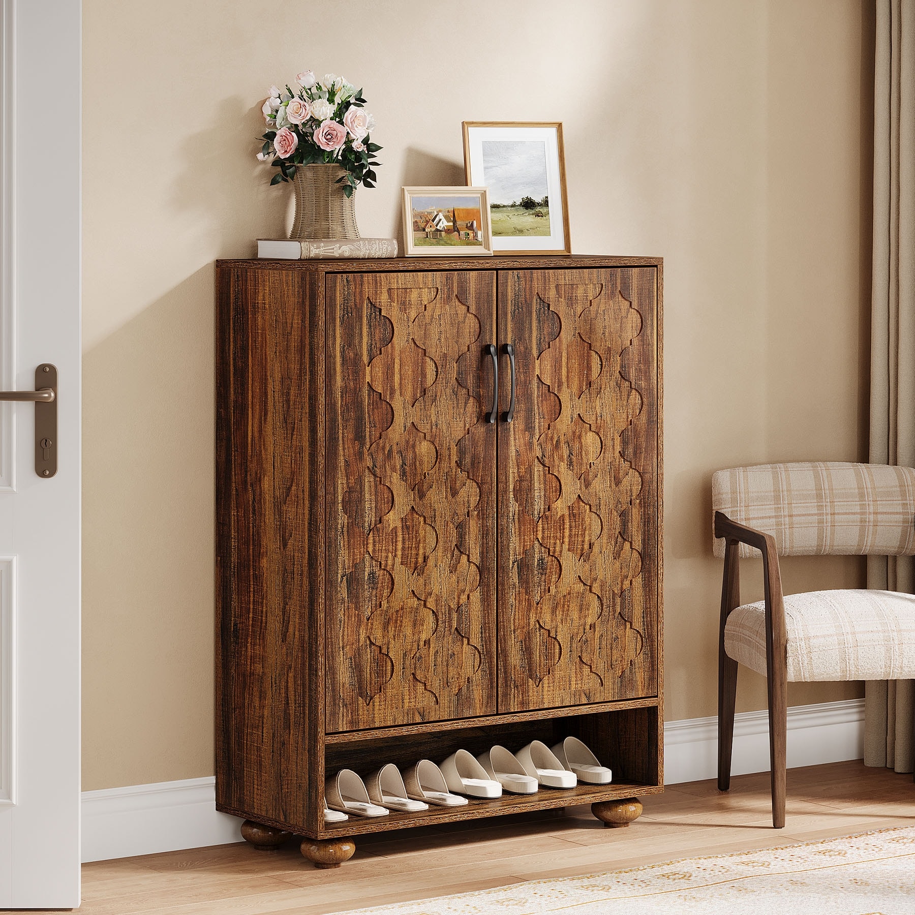 6-Tier Shoe Cabinet with Doors, Adjustable Shoe Rack with Solid Wood Feet