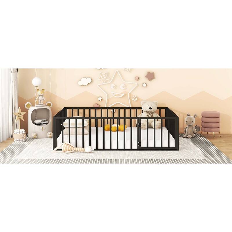 Metal Floor Bed Frame with Fence & Door