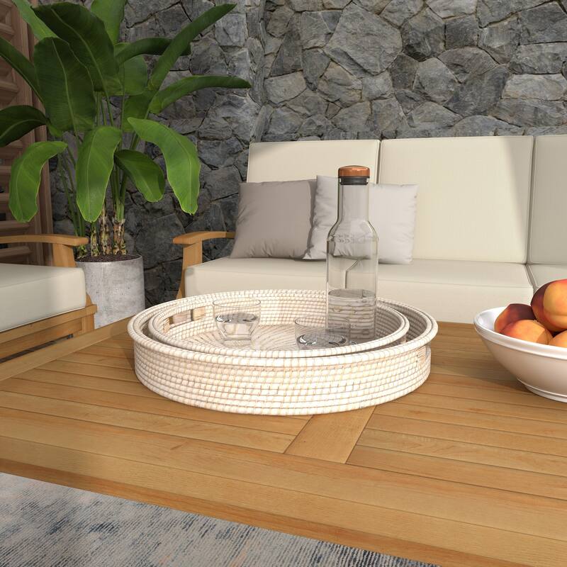 Cream Rattan Living Room Decor Tray with Slot Handles (Set of 2) - 20 x 20 x 3Round