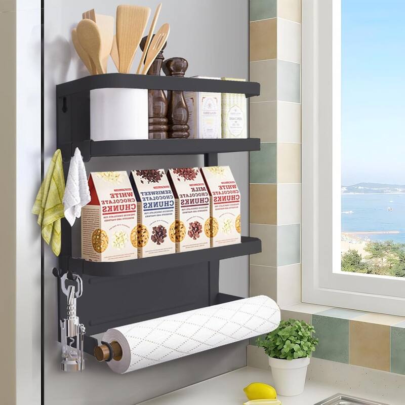 Magnetic Spice Rack for Refrigerator Magnetic Paper Towel Holder - 3.9"D x 12.4"W x 13.2"H - 2Tier-Black