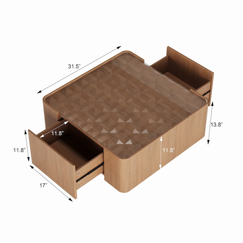 31.5-Inch Square Coffee Table with Storage Drawers,Modern Wooden Coffee Table with Glass Top ,Tea Table Center Tables