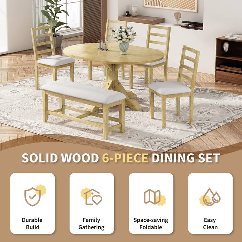 Farmhouse 6-Piece Extendable Dining Table Set with Removable Leaf and Versatile Dining Bench