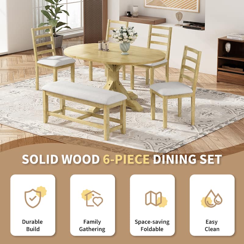 Roomfitters 6-Piece Dining Table Set, Oval Wood Kitchen Table, X-Base Pedestal, 4 Upholstered Chairs & Bench