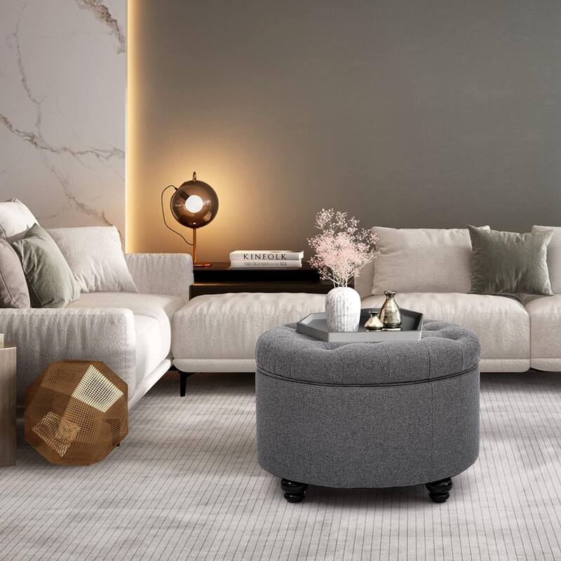 Large Button Tufted Fabric Round Storage Ottoman with Storage for Living Room & Bedroom,Dark Grey