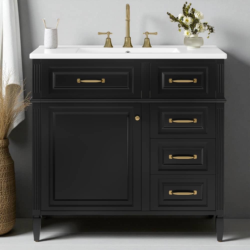 36-Inch Bathroom Vanity with Ceramic Sink, Solid Wood Frame, Flip Drawer and Adjustable Shelf