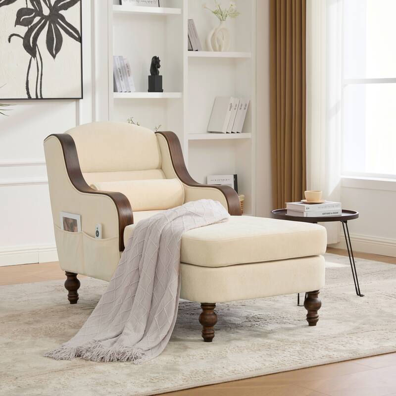 HOMEFUN Chenille Upholstered Wood Frame Oversized Chaise Lounge Single Sofa Bed with Side Pocket for Living Room,Bedroom - Beige