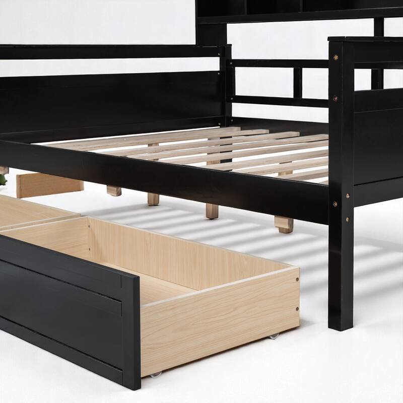 Wooden Twin/Full Daybed with 2 Storage Drawers and Bedside Shelves, No Box Spring Needed, Modern Design