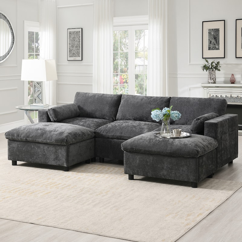 86.5'' U-Shaped Sectional Sofa with Storage Pockets,2 Movable Ottoman,Armrest Pillows - Dark Gray