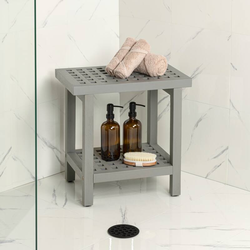 Armin 18.1" Classic Grid Slat Solid Acacia Wood Indoor/Outdoor Shower Stool, By JONATHAN Y - 18.1L x 11.81W x 17.72H