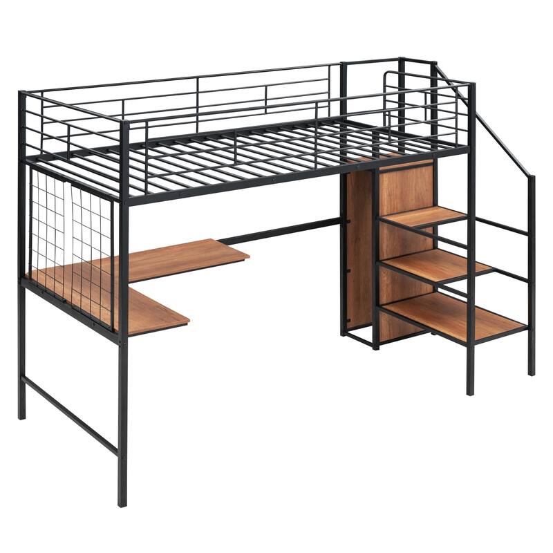 Twin Metal Loft Bed with L-Shaped Desk, Shelves, and Wardrobe Storage