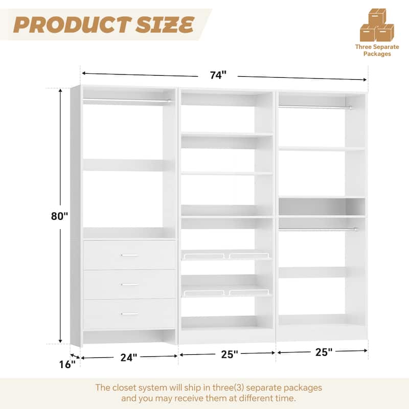Set of 3 Closet Organizer with Drawers and Shoe Rack, Freestanding Closet System for Bedroom or Walk-in Closet