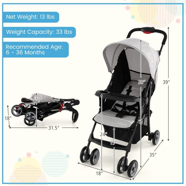 Steel Kids Stroller with Recline, Canopy and All-Terrain Wheels - 35"(L) x 18"(W) x 39"(H)