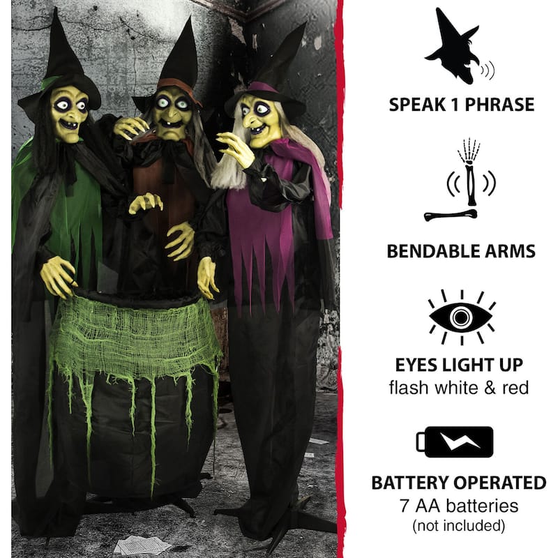 Haunted Hill Farm Life-Size Animatronic Witches, Indoor/Outdoor Halloween Decoration, Light-up Eyes, Poseable