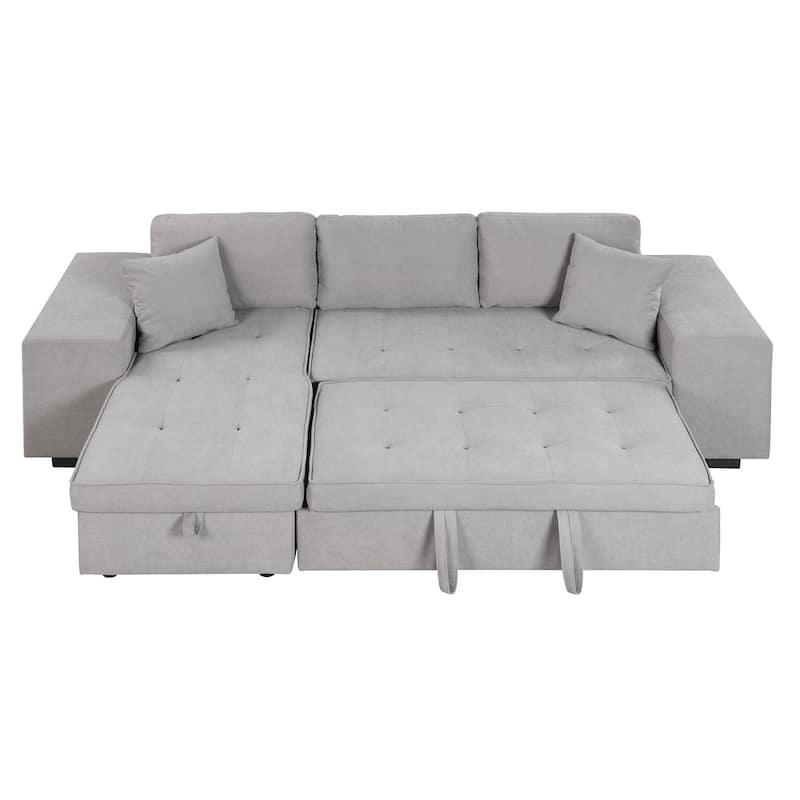Grey 104.5" Charcoal L-Shaped 3-Seater Convertible Sofa with Pull-Out Bed, Storage Chaise, and 2 Convenient Stools