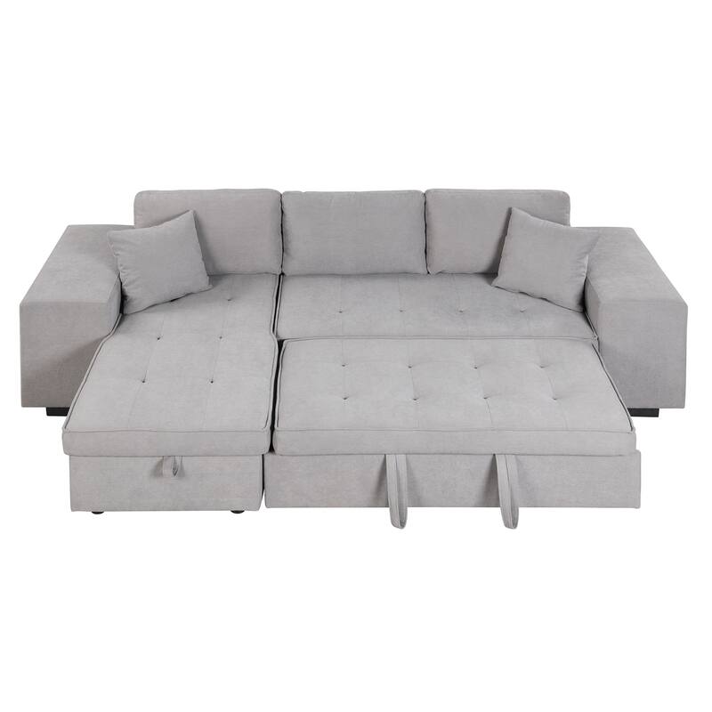 Modern L Shaped Sleeper Sofa with Pull Out Bed and Chaise Storage and Extra Stools for Apartments or Guest Rooms