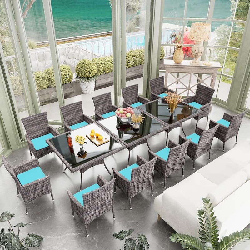 Kullavik Outdoor Dining Set, Rattan Patio Furniture Dining Table & Chairs - 15Pcs Turquoise