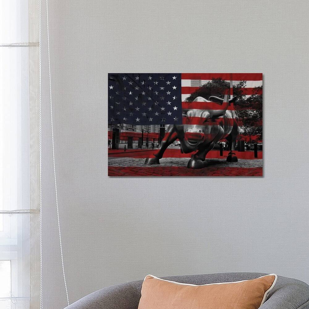 iCanvas "New York - Wall Street Charging Bull, US Flag" by iCanvas Canvas Print
