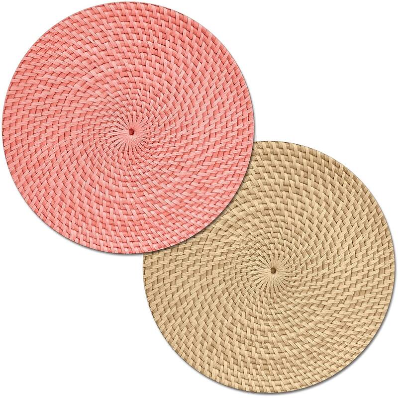 CounterArt Coral and Natural Basket Weave Design Round Reversible Easy Care Plastic Placemat Set of 4 Made in The USA - Set of 4