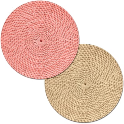 CounterArt Coral and Natural Basket Weave Design Round Reversible Easy Care Plastic Placemat Set of 4 Made in The USA