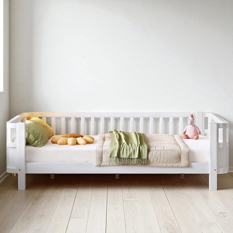 Wood Platform Bed with Guardrails & Detachable Fence, Twin/Full/Twin XL/Queen Size Kids Bed, Safety Design, No Box Spring
