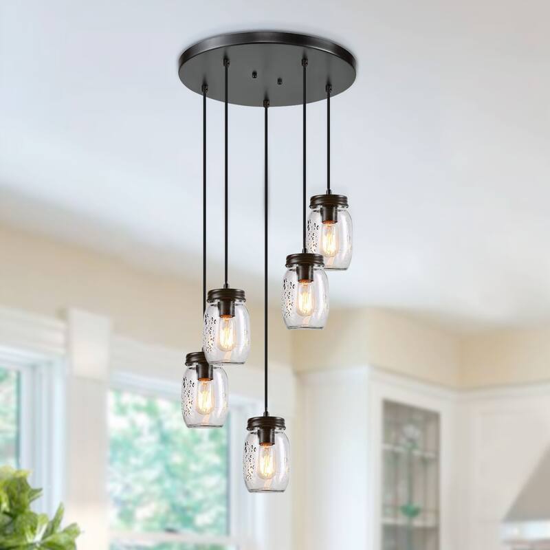 The Gray Barn Heavenly Winds Modern Industrial 5-light Chandelier Bronze Adjustable Mason Jar Pendant - D15" x H66"