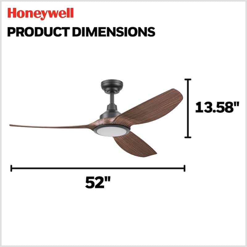 Honeywell "Sirro" 52-Inch Matte Black with Chocolate Auburn Blades Damp Rated Ceiling Fan with Dimmable LED Light