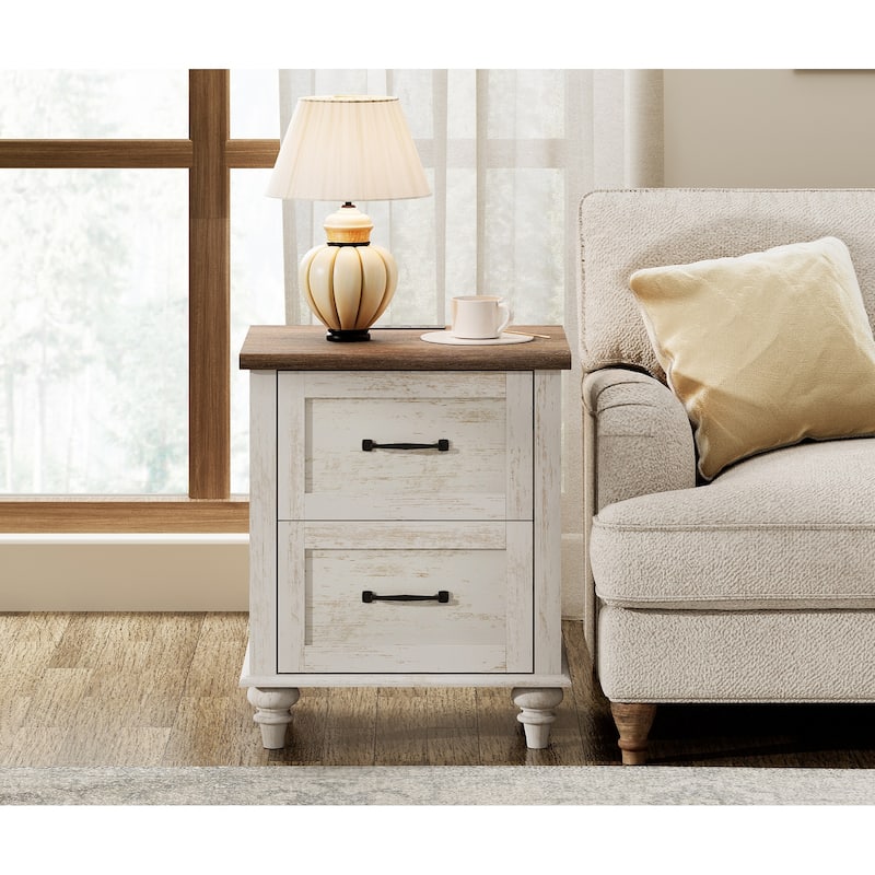 Farmhouse End Table Nightstands with Charging Station & Drawer