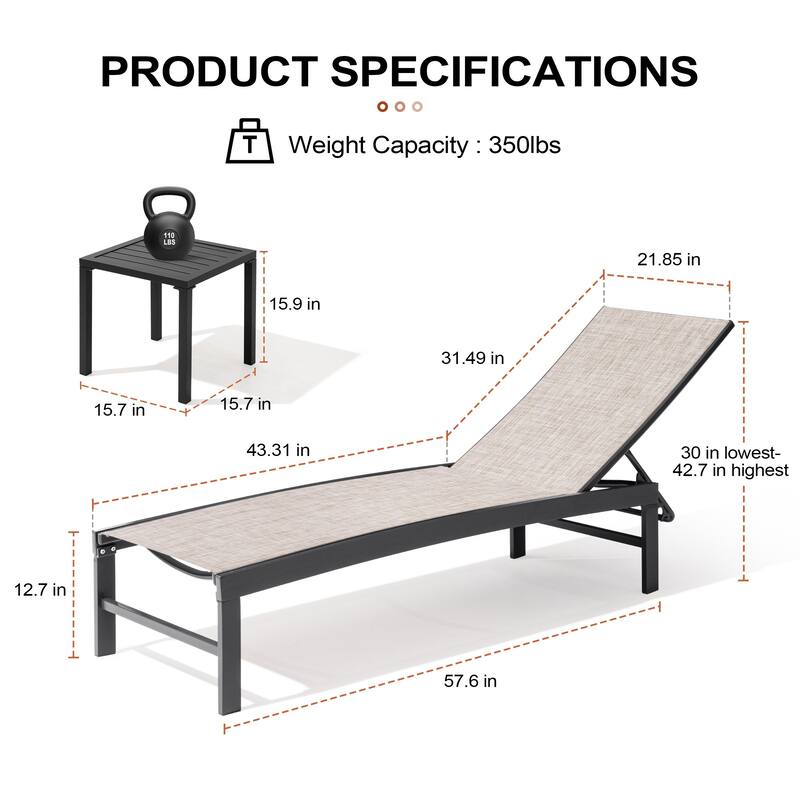 Outdoor Patio Adjustable Chaise Lounge Chairs with Side Table Set