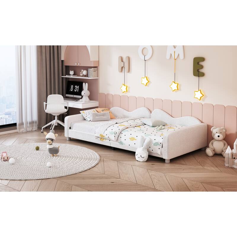 White Twin Size Sherpa Fabric Upholstered Daybed with Cloud Backrest