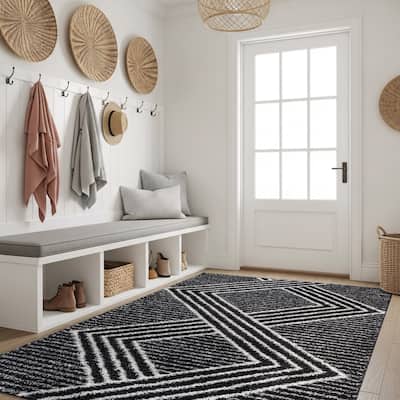 Abstract Geometric Shag Rug - Anthracite Dark Gray - Medium Pile Rug - Kid & Pet Friendly