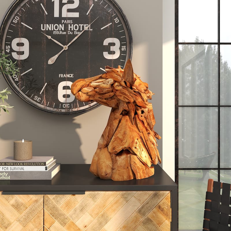 Brown Teak Wood Handmade Head Horse Decorative Sculpture with Layered Woodchip Pieces