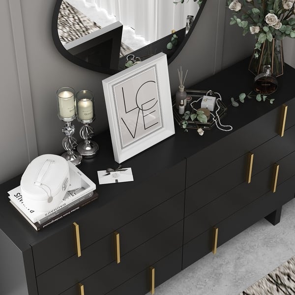 70.9" 9-Drawer Dresser with Gold Handles Black Wooden Storage Cabinet for Bedroom & Living Room
