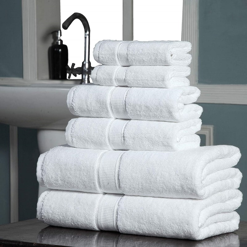 Luxurious 100% Cotton Absorbent 600 GSM 6 Piece Bathroom Towel Set 2 Washcloths, 2 Hand Towels, 2 Bath Towels - White