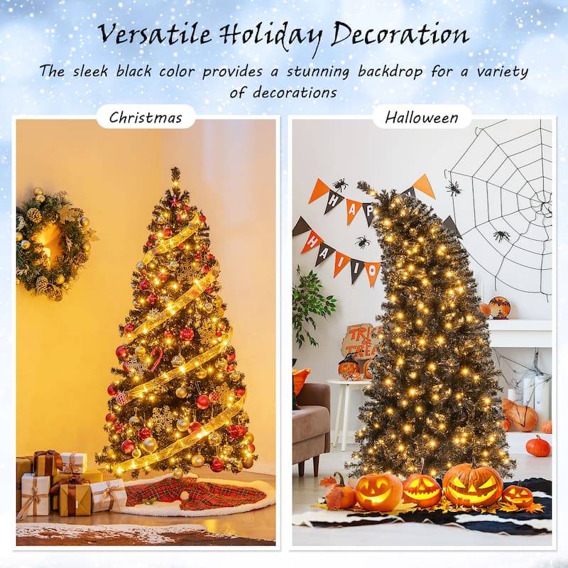 Gymax 6/7 FT Artificial Halloween Tree Pre-Lit Black Christmas Tree w/