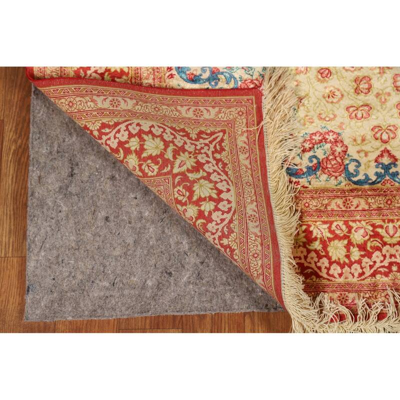 Gold Qum Persian Accent Rug Traditional Handmade Floral Silk Carpet - 3'3"x 5'0"