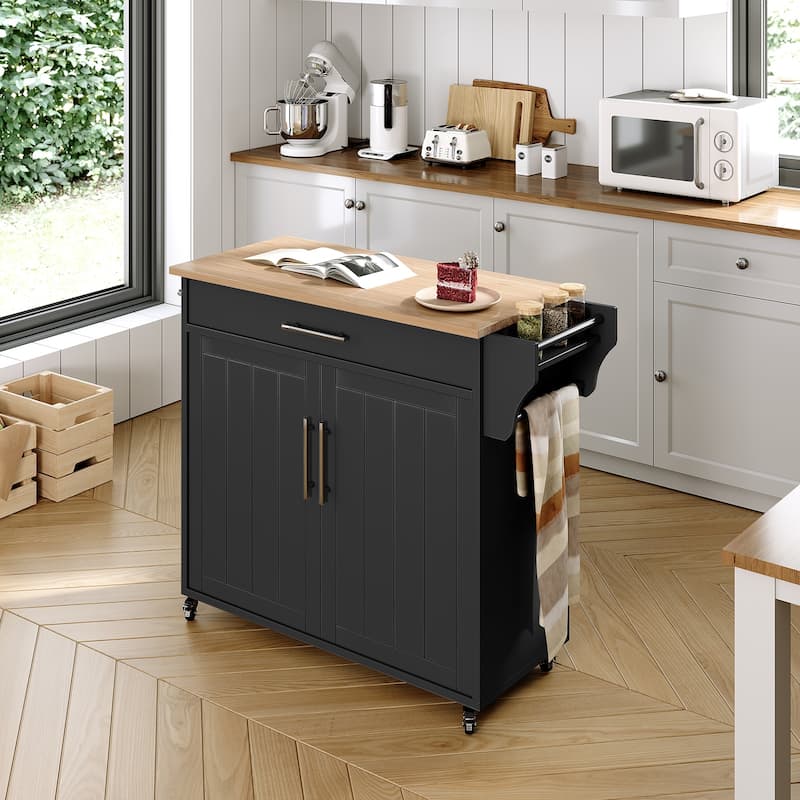 Rolling Kitchen Island with Storage Cabinet - Black