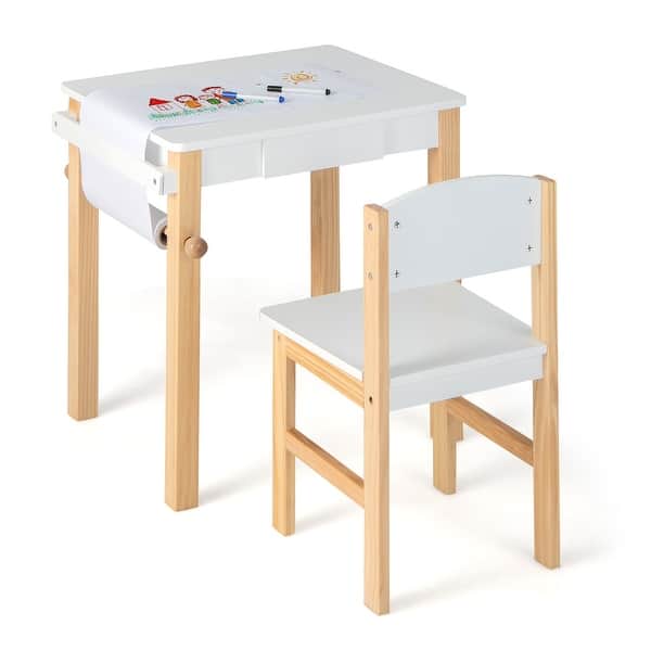 slide 2 of 6, Kids Table and Chair Set Wooden Drawing Study Desk w Paper Roll Drawer White+Natural