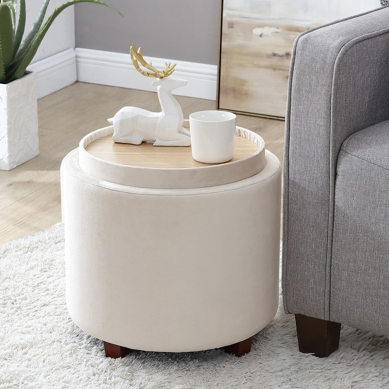 Ornavo Home Lawrence Round Storage Ottoman with Lift Off Lid and Tray Lid Coffee Table