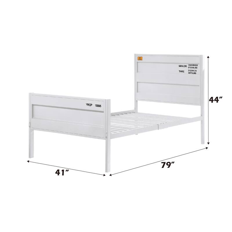White Cargo Style Full Bed with Metal Frame and Recessed Panels