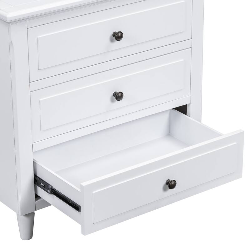 28'' Wide 3-Drawer Modern Nightstand with Metal Handles, Fully Assembled MDF Bedside Cabinet with Rubber Wood Legs for Bedroom