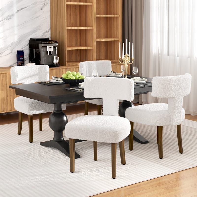 Dining Chairs Boucle Fabric Lamb Upholstered T-Shape (Set of 4)