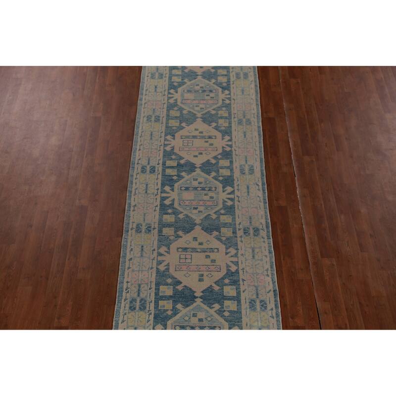 Hand Knotted Oriental 100% Wool Carpet Transitional Geometric Navy Blue & Blues Oushak Runner Rug - 17' 2'' X 3' 2''