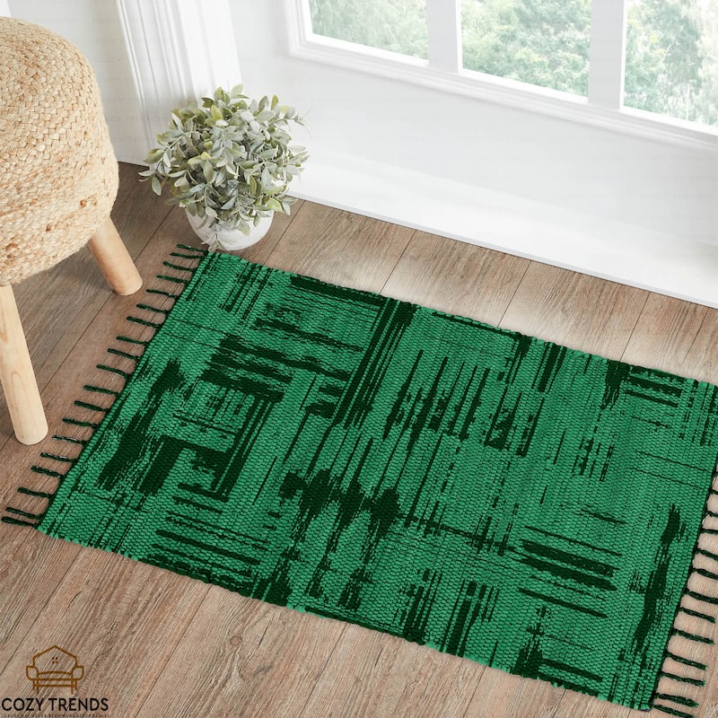 Authentic Hand-Woven Indian Cotton Rug 24''x36'' - Washable, Reversible, and Timelessly Stylish - 2'x3' - Brush Green